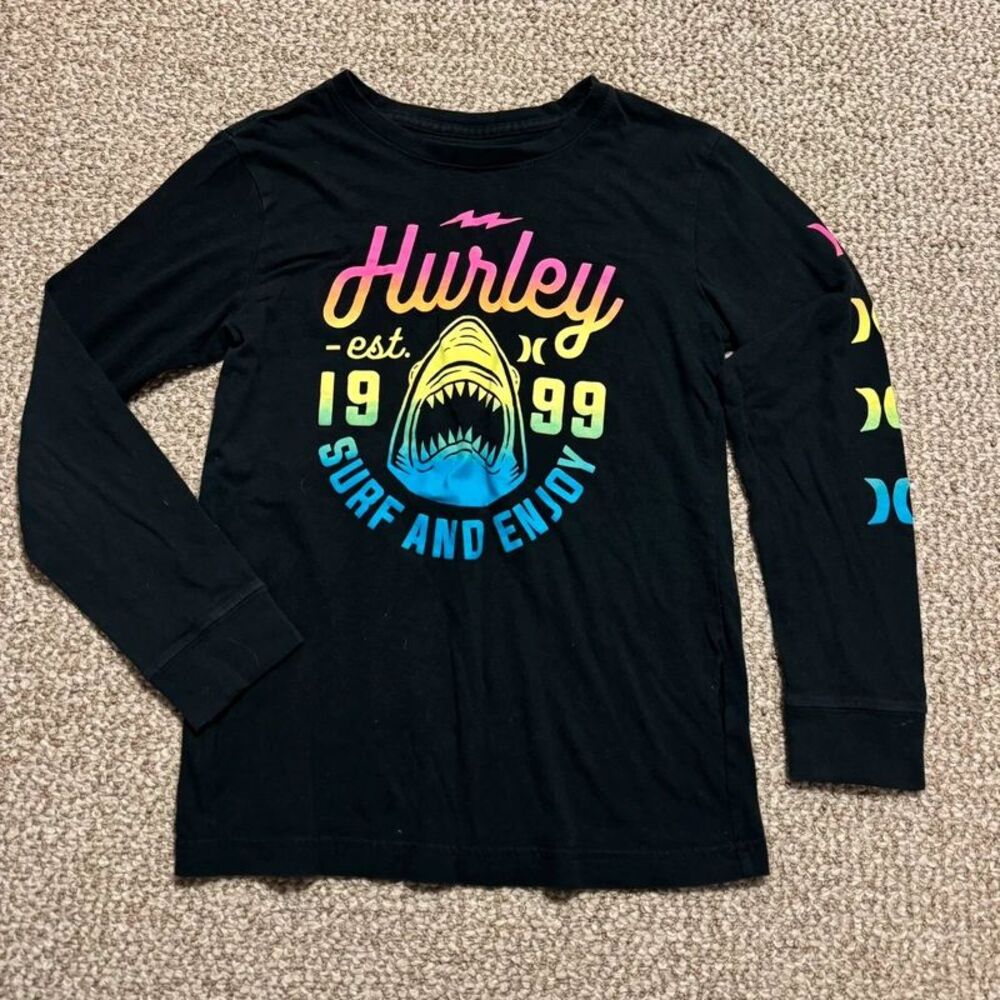 Hurley Long Sleeve Shirt Boys Youth Large Black Shark Surf and Enjoy Tee